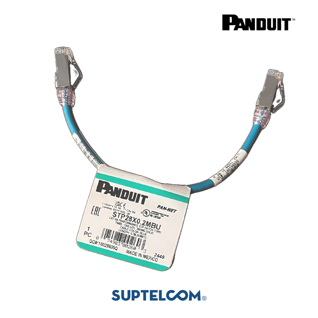 STP28X0.2MBU Cable de Parcheo o Patch Cord en Categoria 6A o Cat6A, Blindado, 28 AWG, 0.2 metros o 20 Centimetros, color Azul en Panduit Pannet