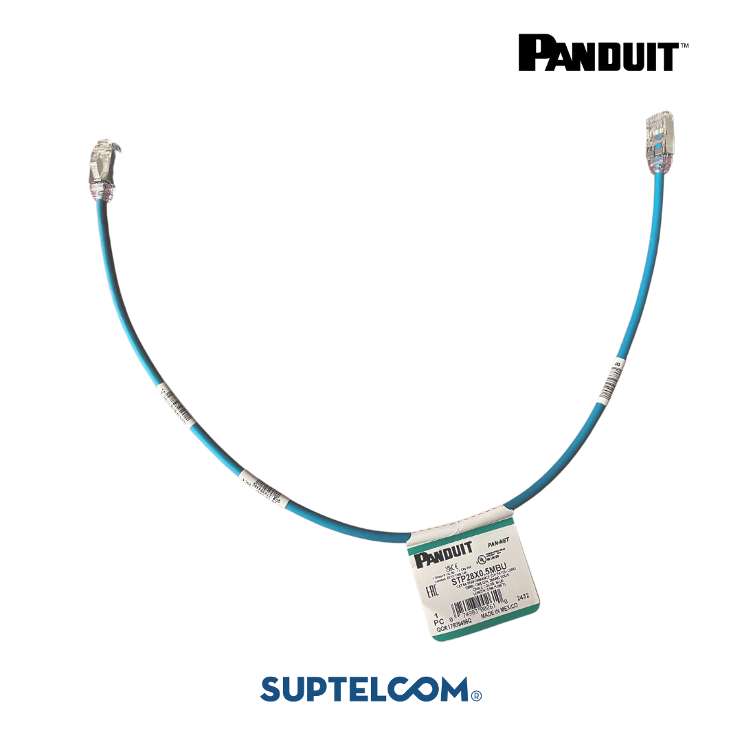 STP28X0.5MBU Cable de Parcheo o Patch Cord en Categoria 6A o Cat6A, Blindado, 28 AWG, de 0.5 metros o 50 centimetros, color Azul en Panduit Pannet 1
