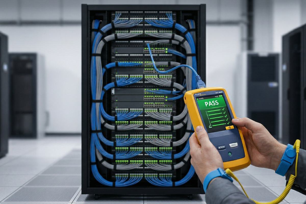 Rack con soluciones Panduit, Beaucoup y equipo Fluke para certificación